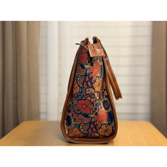 Floral Cork Cognac Brown Embossed Tooled Artisan LEATHER Hobo Bag Purse Tote - Picture 9 of 11